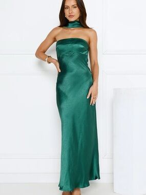 Hello Molly Emerald Strapless Satin Maxi Dress with Neck Scarf